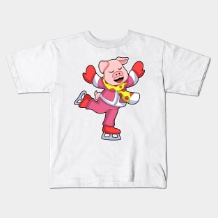 Pig at Ice skating with Ice skates Kids T-Shirt